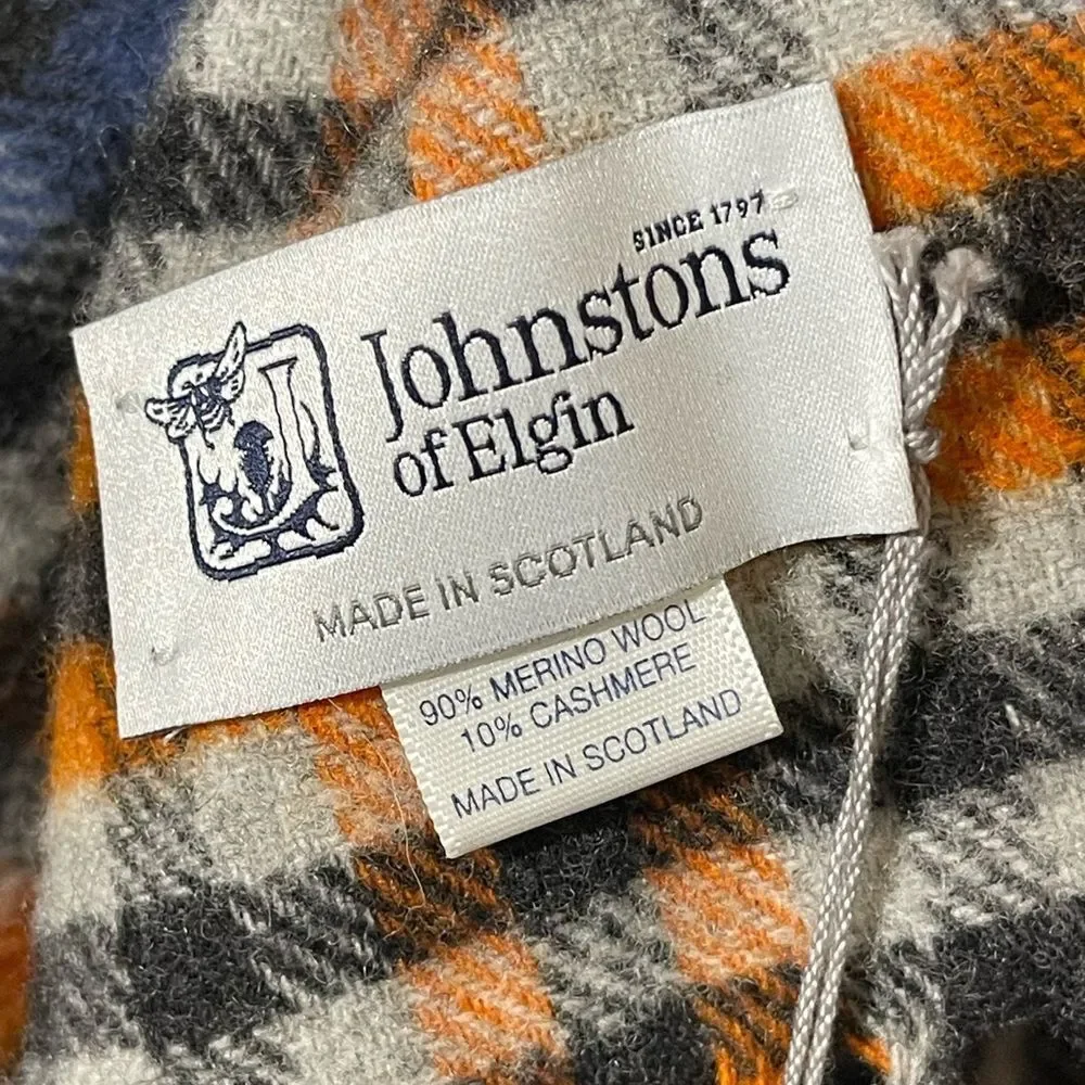 Johnstons of Elgin Blue and Orange Plaid Scarf